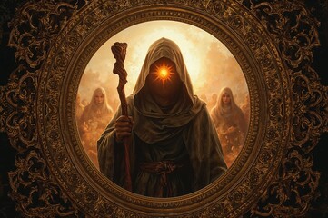 Epic fantasy concept of a mysterious robed prophet with a glowing eye, holding a staff before his cult followers.