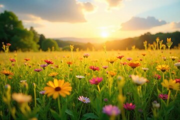 Fototapeta premium Golden hour sunlight bathes a vibrant summer field, wildflowers swaying gently in the breeze A tranquil scene perfect for relaxation and reflecting on nature's beauty , countryside, bloom