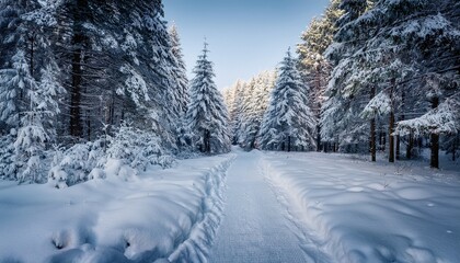 Obraz premium snowy winter forest path with snow covered trees and calm atmosphere