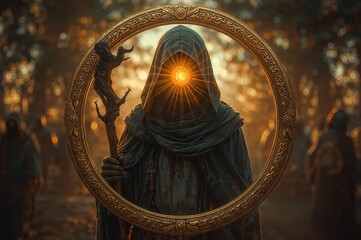 Mystical hooded figure with a glowing orb of light, holding a magical staff, seen through an ornate golden portal in a forest at sunset.