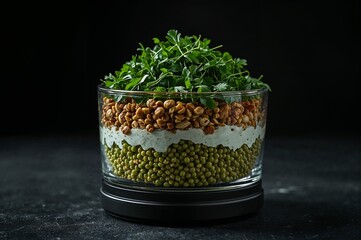 A nutritious layered salad in a glass bowl, featuring green mung beans, creamy dip, roasted chickpeas, and fresh herbs. A healthy vegetarian snack concept.