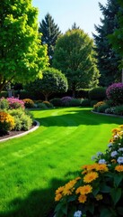 Lush green lawn, vibrant flowerbeds, and mature trees create a stunning residential landscape design  Perfect for real estate, gardening, and home improvement websites ,  summer,  environment