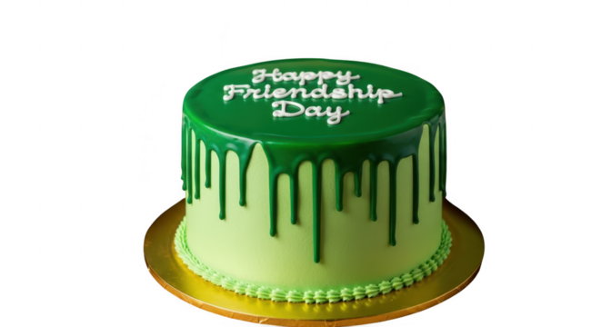 Happy friendship day cake with green glaze isolated on transparent background