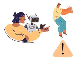 Woman pointing alongside a robot, signaling at a man near a caution sign. Ideal for safety, human-robot interaction, technology, AI caution, teamwork, communication and awareness. A simple flat
