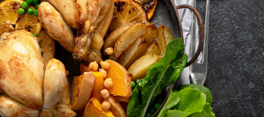 Roasted golden baked cooked whole chicken.