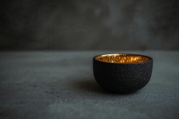 Elegant handcrafted black ceramic bowl with a luxurious gold interior, set against a dark, textured background for a minimalist aesthetic
