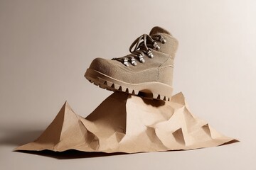 Hiking boot displayed creatively on a paper mountain range backdrop.