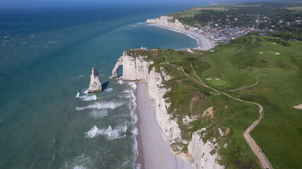 Aerial view of the falaise d´aval and cliffs on the Alabaster Coast in Etretat