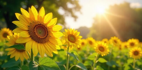 Fototapeta premium Sunflowers Bask in Golden Sunlight A Tranquil Summer Scene of Picturesque Park Beauty