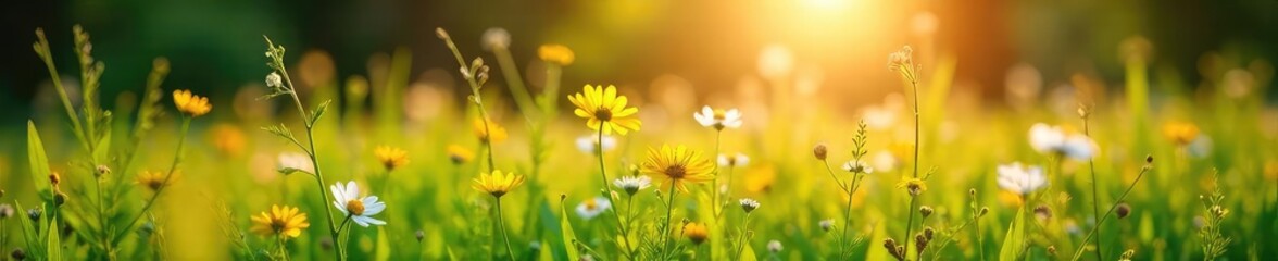 Golden hour sunlight bathes lush green meadow with wildflowers in full bloom Perfect for summer, nature, and outdoor themes Idyllic scene of vibrant natural beauty , outdoor, natural beauty