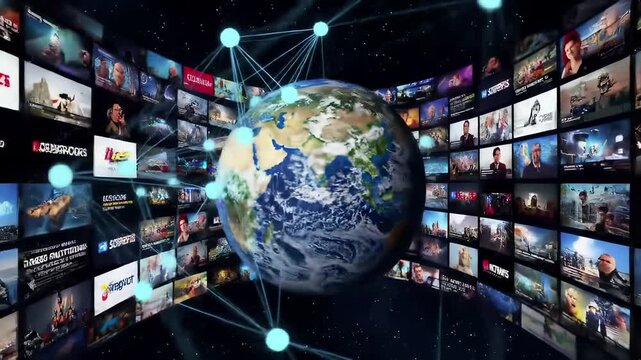 Global media streaming network with earth surrounded by entertainment content screens. Digital multimedia distribution platform connecting worldwide audiences through technology and internet.