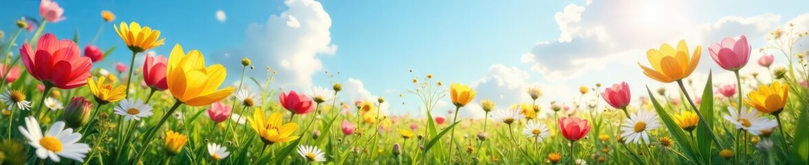 Fototapeta premium A vibrant meadow bursting with wildflowers in full bloom under a bright spring sky, embodying carefree joy and the season's renewal , sunlight, growth