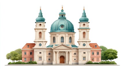 Majestic European Church with Teal Domes and Cream Facade