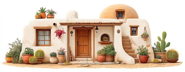 Mediterranean Style White Stucco House with Potted Plants and Cacti
