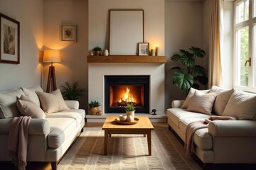Fototapeta premium A cozy living room scene featuring a comfortable sofa, soft blankets, and a warm fireplace, perfect for relaxation and family togetherness The room is bathed in soft, natural light , warm, design