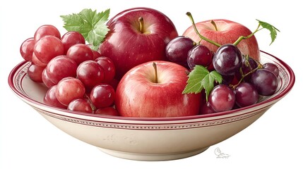 Red Apples and Grapes in a Decorative Bowl