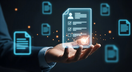 Hand holding a digital document icon with a checklist and profile