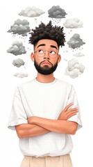 Pensive Young Man Surrounded by Rain Clouds Digital Illustration