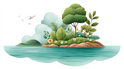 Lush Green Island in Teal Water Watercolor Illustration