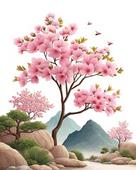 Pink Cherry Blossom Tree and Misty Mountains Spring Landscape