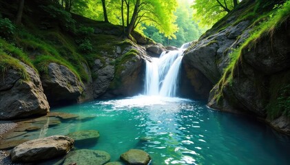 Fototapeta premium Crystal-clear water cascading down a lush green hillside, sunlight dappling the surface Perfect for nature, travel, or environmental themes , scenery, droplets