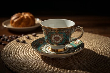 Elegant ornate porcelain cup and saucer, beautifully adorned, inviting a tranquil moment. Ideal for a luxurious coffee or tea ritual, enhancing a refined experience.
