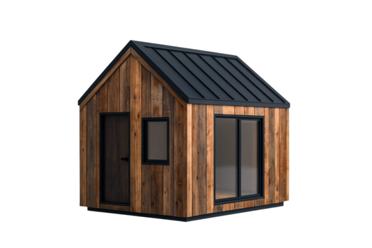 Modern Sustainable Tiny Wooden Cabin House With Black Roof Isolated Transparent Background, Png