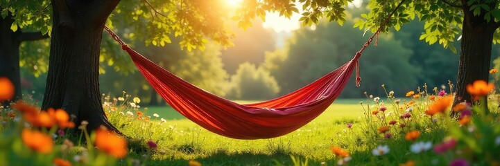 Sun-drenched hammock sways gently in a balmy breeze, surrounded by lush greenery and vibrant wildflowers Perfect for a lazy summer day's relaxation Enjoy the peace and quiet , white, escape