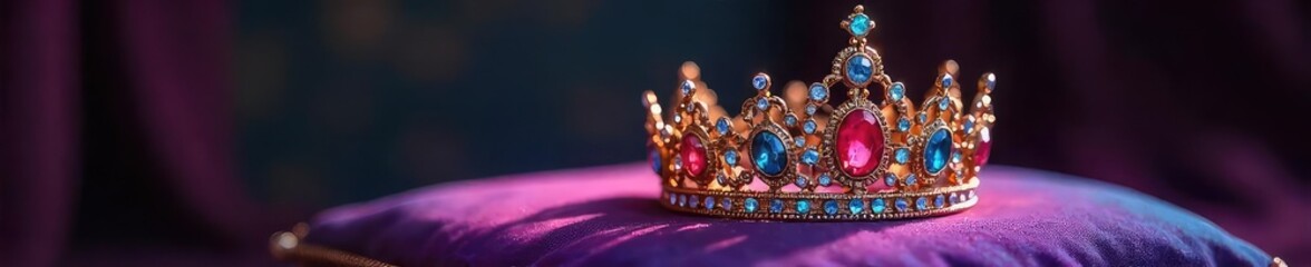 Obraz premium Sparkling Jeweled Crown on Velvet Cushion Fantasy Royalty and Fairytale Theme