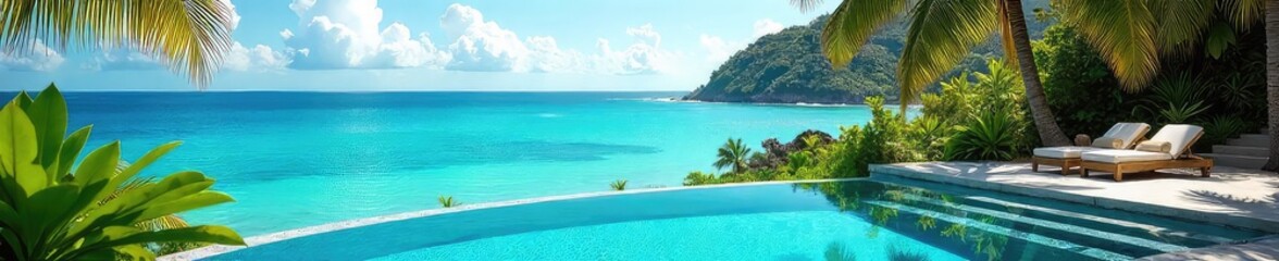 Sun-drenched infinity pool overlooking a pristine, turquoise ocean; lush tropical foliage frames the scene, embodying ultimate relaxation and escape ,  pool,  vibrant,  exotic