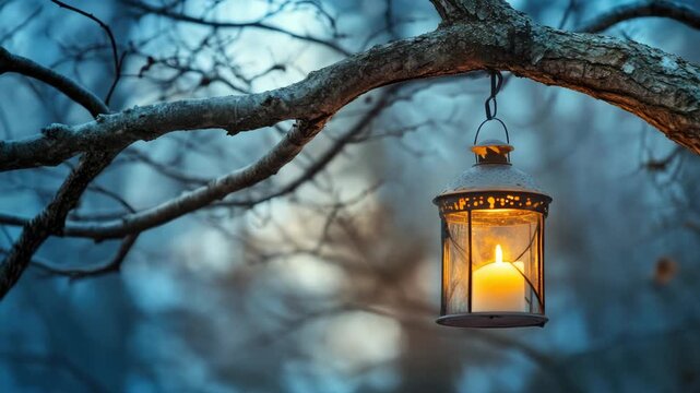 Rustic lantern with glowing candle hanging from tree branch in serene, misty forest at twilight