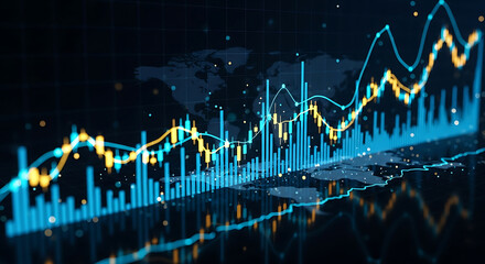 Abstract financial market data with stock charts and global map