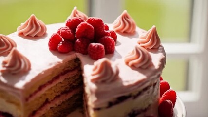 Layered Raspberry Vanilla Cake with Fresh Berries and Cream for National Raspberry Cake Day