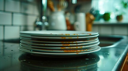 Fototapeta premium A stack of dirty plates rests on a kitchen counter, showcasing remnants of a meal. The scene features a cozy kitchen atmosphere with natural light., dishwashing