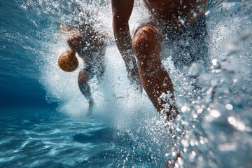 Naklejka na ściany i meble Dynamic water polo players splashing in the pool while competing for the ball in an energetic match