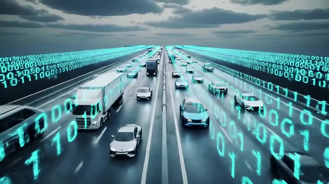 Autonomous vehicles on digital highway with binary code data streams. Smart transportation system featuring self driving cars and trucks connected through advanced technology networks.
