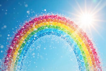 Obraz premium Vibrant rainbow sprinkler sprays water high in the air, creating a joyful, colorful arc against a bright sunny sky Perfect for summer, fun, and playful themes , garden, movement, outdoor fun