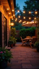 Warm, inviting glow of outdoor string lights illuminating a patio at night, creating a cozy ambiance perfect for relaxation and entertaining , outdoor living, illumination, garden party