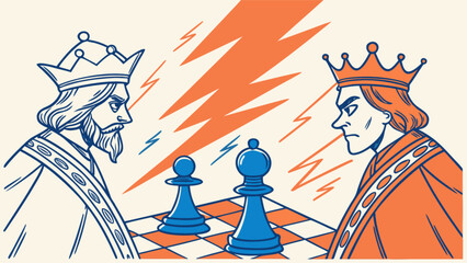 A dramatic chess game illustration depicting two kings facing off with lightning bolts in the background, symbolizing a fierce competition and battle for power and leadership on the chessboard