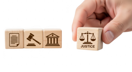 Law and justice concept wooden blocks isolated on transparent background