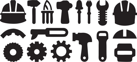 Isolated black engineering and workshop icons, gear, hammer, machine, toolbox, screwdriver, drill, wrench, blueprint, bolt, spanner, workbench, saw, repair tools for construction, maintenance use