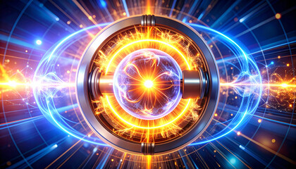 Obraz premium Fusion Reactor's Core: A dynamic representation of a fusion reactor, showcasing an energetic orb of plasma encircled by intricate energy fields.