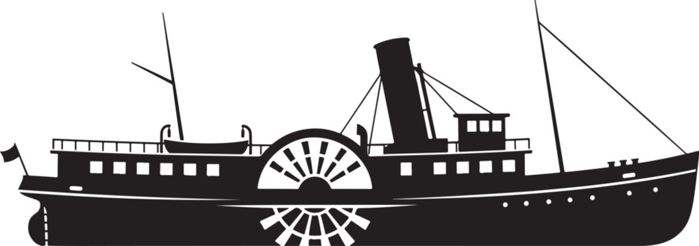 Monochrome silhouette of a historic sidewheel steamboat with its reflection