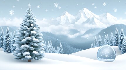 Snowy landscape with a winter tree and snow globe.