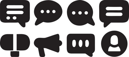 Isolated black speaking icons, microphone, loudspeaker, speech bubble, talking face, podium, voice, recording, public speaking, conversation, chat, sound wave, debate, press conference, communication 