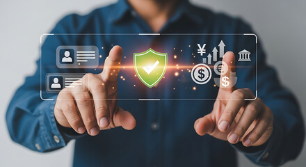 Person interacting with digital security shield and financial icons