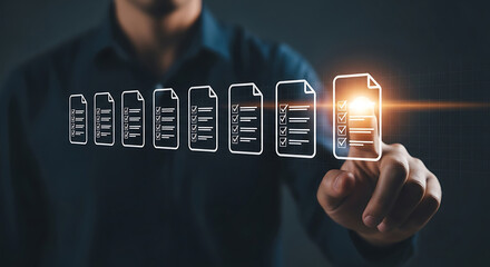 A persons finger selects a document from a row of digital checklists