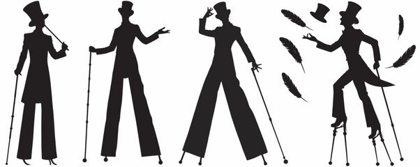 stilt walker silhouette set isolated in white background vector, stilt walker circus Performers Silhouettes Vector Set