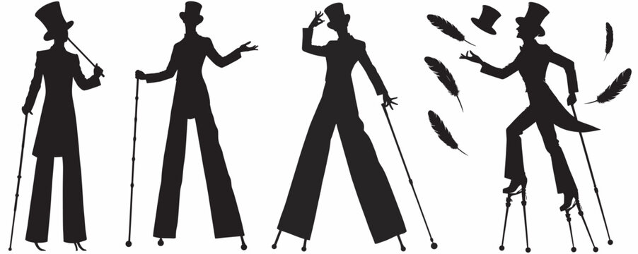 stilt walker silhouette set isolated in white background vector, stilt walker circus Performers Silhouettes Vector Set