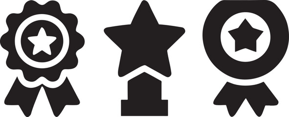 Isolated black champion award icons, trophy, medal, badge, ribbon, crown, podium, laurel wreath, best performance, certificate, gold cup, recognition for success, prize, appreciation visuals